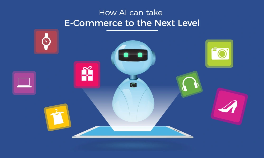 Illustration of robot showing the ways that it can help the e-commerce using the Artificial intelligence