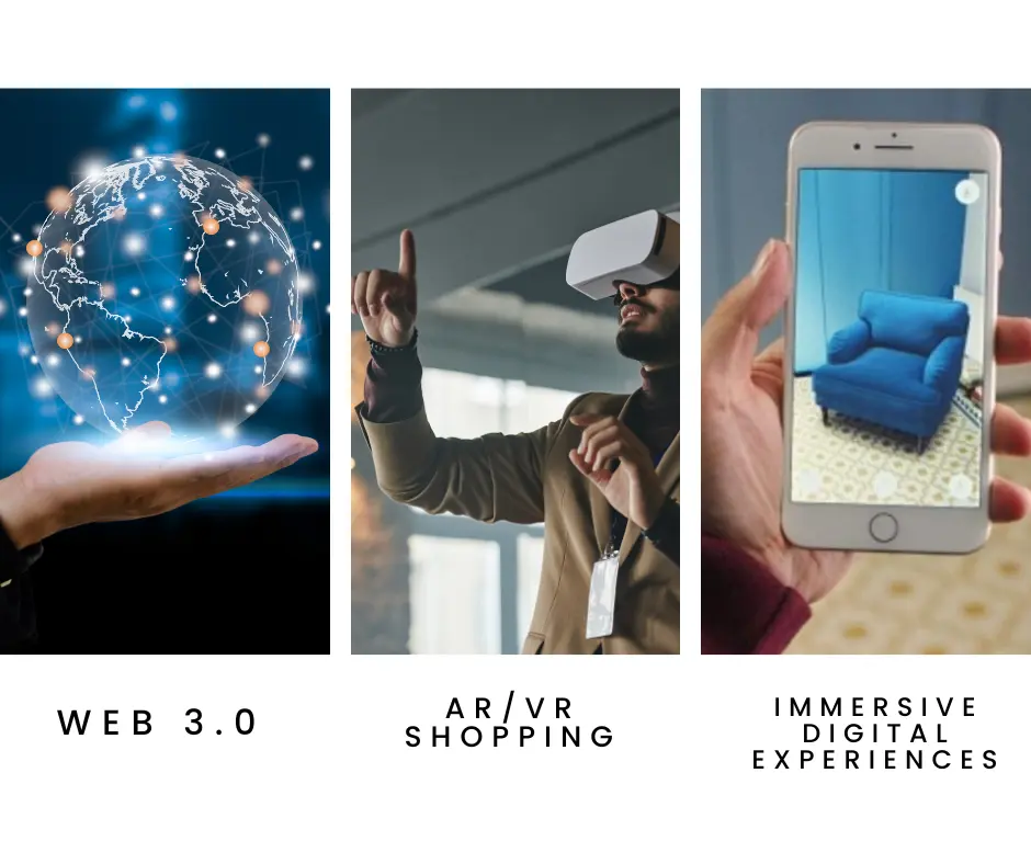 A Web 3.0 image with globe holograph and a man with VR glasses trying Virtual Reality and a person holdong mobile using Augmented Reality.