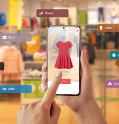 A person is buying-clothes-with-virtual-reality-app-smart-phone-choosing-color-size-dress of her choosing.