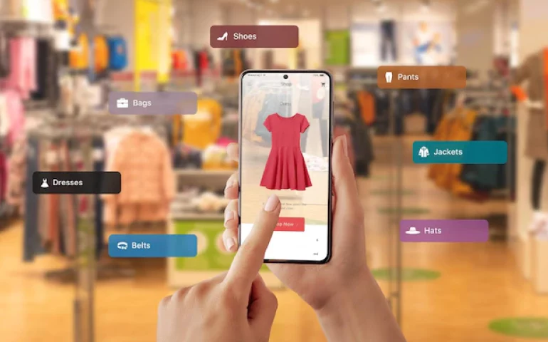A person is buying-clothes-with-virtual-reality-app-smart-phone-choosing-color-size-dress of her choosing.